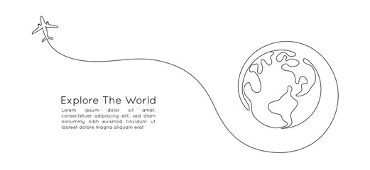 One continuous line drawing of Earth globe with airplane. Flight route path on world map in simple linear style. Travel and flight airline web banner. Editable stroke. Doodle vector illustration