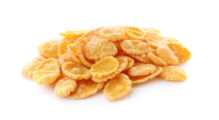 Pile of tasty corn flakes on white background