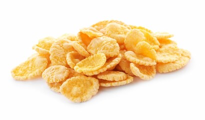 Pile of tasty corn flakes on white background
