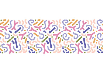 Microbiome seamless border. Probiotic bacteria print with colorful lactobacillus, bifidobacteria, acidophilus. Flat hand drawn biology illustration.