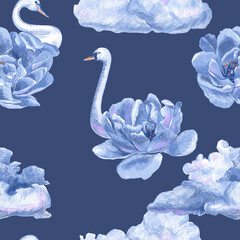 Roses and swans surreal seamless pattern. Flowers and birds print on a blue background. © Lena