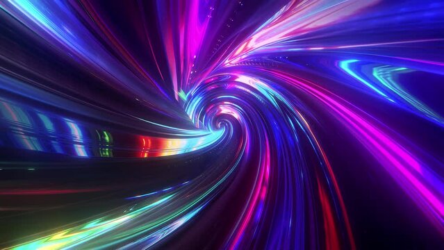 Abstract tunnel of a multicolor spectrum background. Bright rays of neon light and colorful glowing lines moving speed through the dark. 3d render