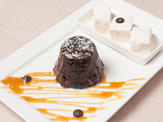 fondant with ice cream poured with caramel, decorated with blueberries
