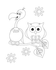 Vulture and owl on a branch and flowers coloring page. Coloring books for children.