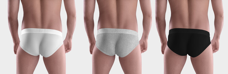 Mockup of white, black, heather underpants on a guy close-up, back view, isolated on background.