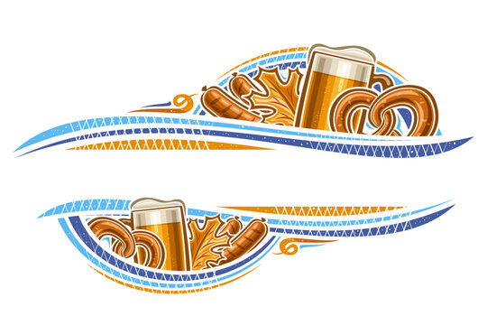 Vector border for Oktoberfest with blank copy space for ad text, decorative greeting card with illustration of beer mug, oktoberfest pretzel, dry autumn leaves and grilled sausages on white background