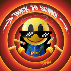 Back to school street style design with cartoon-styled emoticon character, emoji smiling face