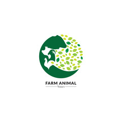 Vector illustration with cow, pig, goat and chicken. Livestock pattern with farm animals and leaves. Green logo for agricultural company.