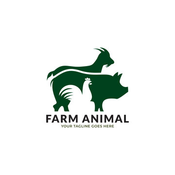 Vector illustration with cow, pig, goat and chicken. Livestock pattern with farm animals and leaves. Green logo for agricultural company.