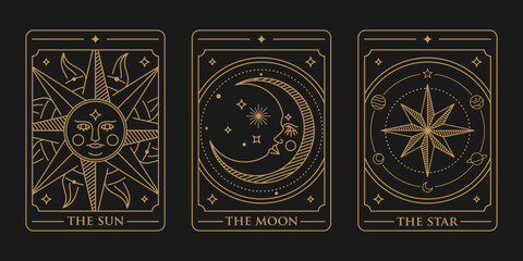 tarot deck card set Illustration. the sun, the moon and the star golden tarot card vector. Vintage mystic sun, moon and star tarot card in ornamental line art style isolated on black background.