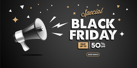 black friday sale banner with black megaphone realistic 3d vector. Black friday day sales banner template design for social media and website up to 50 percent off discount. 