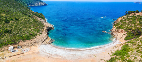 Aerial view over Tsoukalia beach in Alonissos, Greece