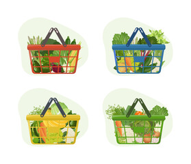 Grocery shopping baskets with fresh green vegetables and fruits from local farm market. Healthy vegan food set. Vector illustration isolated on white background