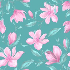 Fototapeta na wymiar Beautiful pink magnolia flowers on teal background pastel colors seamless pattern for fashion fabric design 
