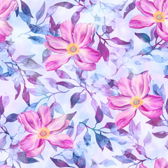 Floral seamless background. Pattern with beautiful watercolor flowers. Botanical hand drawn illustration. Texture for print, fabric, textile, packing.