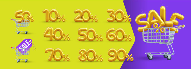 Sale off discount promotion set made of realistic numbers 3d gold helium balloons. Vector balloon golden 50% percent discount collection for your unique selling poster, banner ads. Numbers in the cart