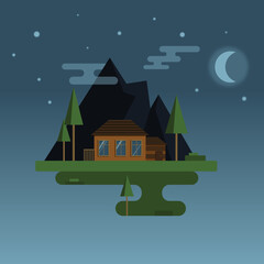 House in the mountains. Moonlight night. House in nature.