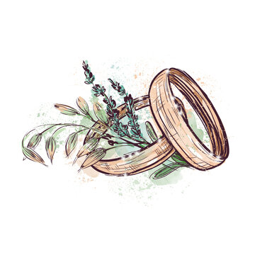 Hand-drawn sketch of a ring for the bride and groom. A pair of wedding rings, a watercolor sketch. Wedding illustration, vintage style.