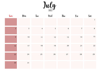 2023 July month calendar starting on Sunday - obrazy, fototapety, plakaty
