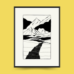 Abstract landscape interior contemporary minimal aesthetic. Hand drawn linear illustrations for wall decoration, postcards or brochures, cover design, stories, social media, app design.