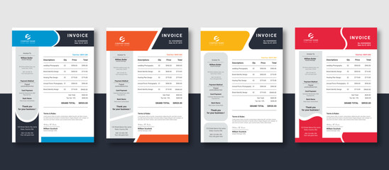 Invoice layout template bundle with 4 different colors, creative template or editable vector template design
