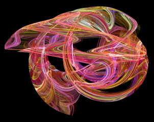 Colorful flows create a wavy pattern on a black background. Abstract fractal background. 3d rendering. 3d illustration.