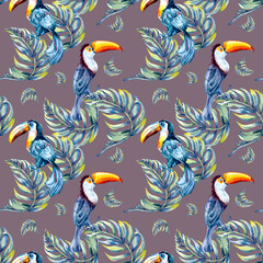 Obraz na płótnie Canvas Toucan tropical bird and palm leaves watercolor seamless pattern isolated.