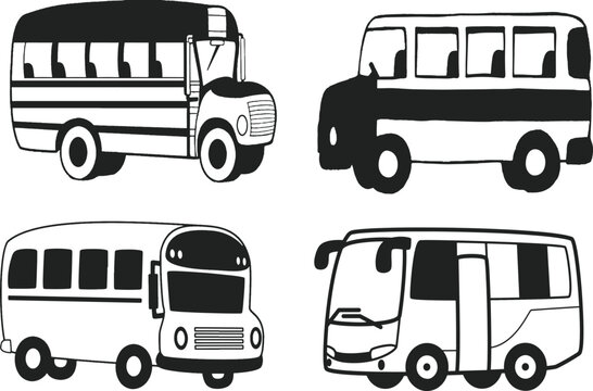 Mini School Bus Line art illustration Vectors Silhouettes