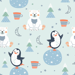 Seamless pattern with polar bears, penguins, fir trees and snowflakes.