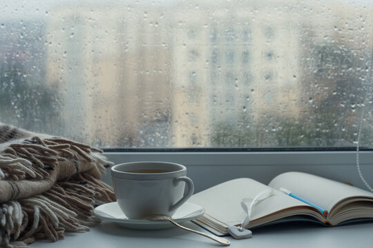 Rain Outside The Window.  A Cup Of Tea, A Notebook With A Pen And A Blanket On The Windowsill. Selective Focus.