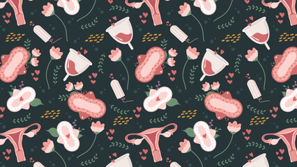 Seamless menstruation-themed pattern, background, banner with uterus, cups and feminine hygiene pads. Repetitive background. Colourful flat vector illustration