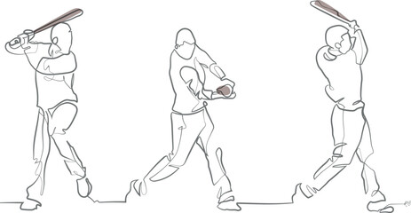 Continuous Line Art Vector: Baseball batter hit homerun, swing baseball bat, baseball player training 