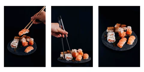  Set with tree images of sushi on black background. Sushi menu. Japanese sushi set. © Studiomann