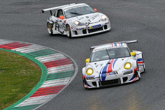 Scarperia, 3 April 2022: Porsche 997 GT3-RSR 2007 in action during Mugello Classic 2022 at Mugello Circuit in Italy.