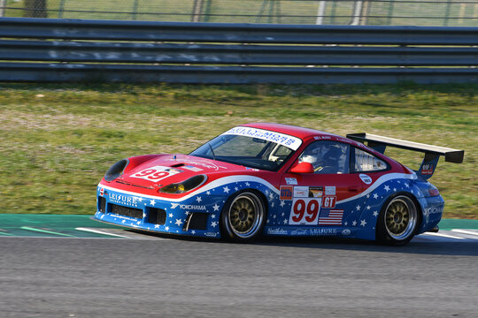 Scarperia, 3 April 2022: Porsche 996 GT3-RSR 2001 in action during Mugello Classic 2022 at Mugello Circuit in Italy.