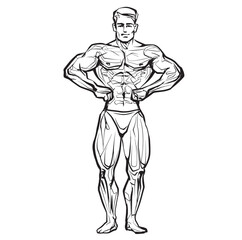 Bodybuilder muscle man fitness posing Black And White Isolated Hand Drawing Vector Illustration Image