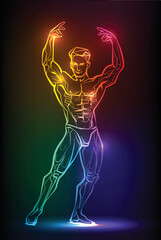 Bodybuilder muscle man fitness posing. Banner with neon silhouette of sexy man figure, beautiful silhouettes, nightclub, striptease, sex shop advertisement, vector illustration - 519587118