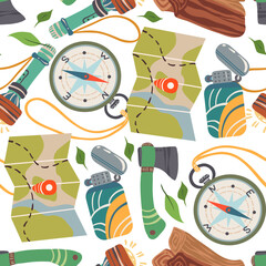 Vector illustration. Summer camp with сompass, map, axe, lantern, lighter. Pattern. Light background, wallpaper, cartoon style