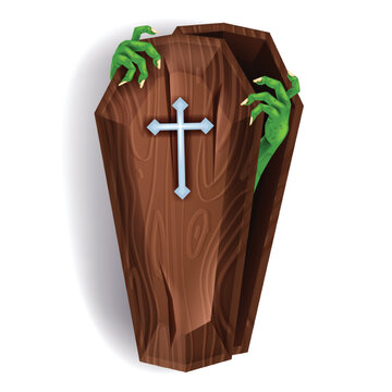 recommend clip art: Halloween vector wooden coffin, zombie green hands, cartoon spooky funeral case illustration, cross. Timber old grave open lid, scary dead fingers, mystery casket. Halloween coffin clipart on white