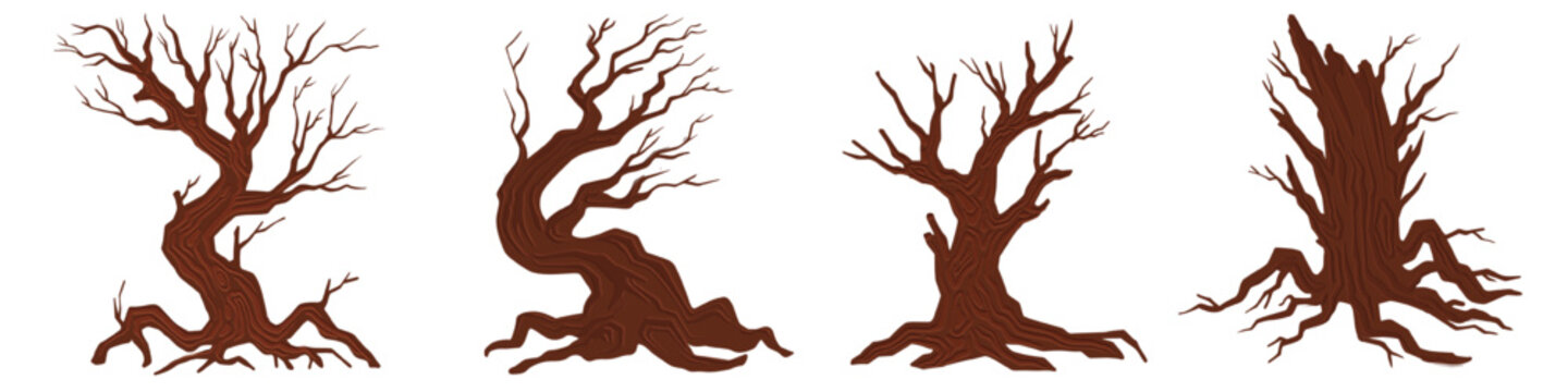 Dead tree vector set, dry naked branch silhouette, scary halloween forest, spooky autumn bark. Winter graveyard oak wood kit, bare roots, leafless trunk clipart on white. Dead tree environment icon