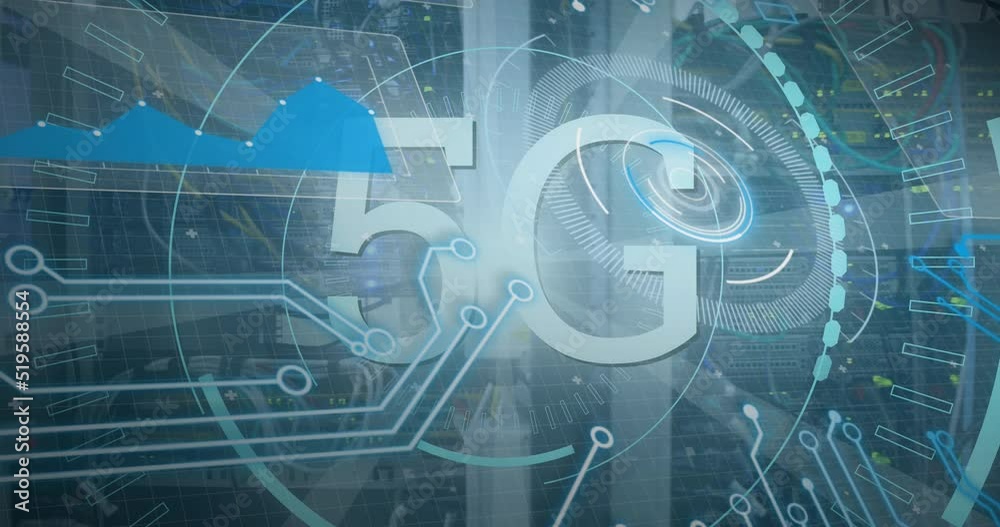 Poster animation of 5g text, scopes scanning and data processing over server