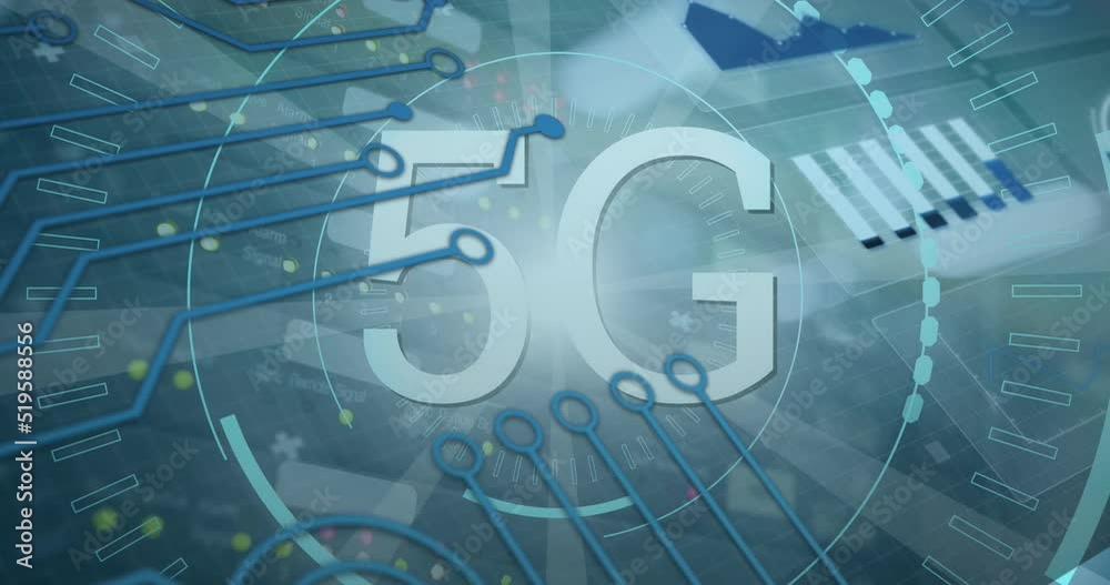 Poster animation of 5g text, scopes scanning and data processing over server