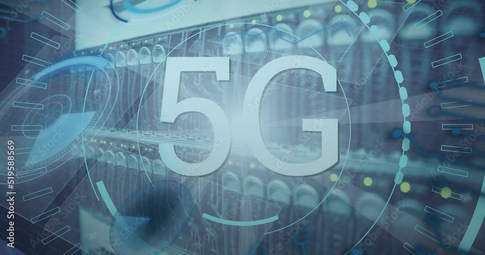 Poster animation of 5g text, scopes scanning and data processing over server