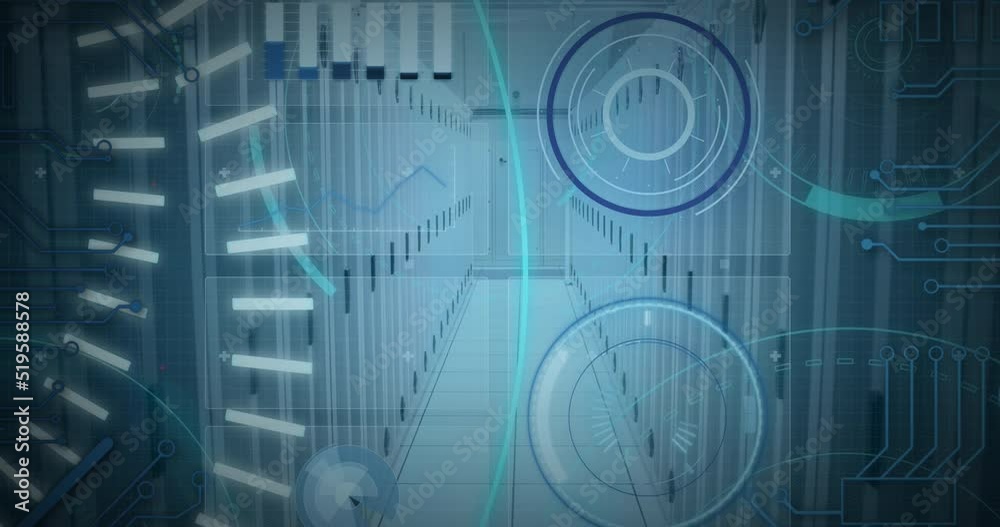Poster animation of 5g text, scopes scanning and data processing over servers