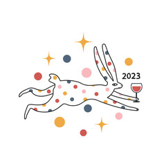 Vector celebration illustration of Chinese New Year 2023 symbol, Smiling running rabbit with red wine glass. Party typography poster with black line art animal and abstract colored splashes and stars.