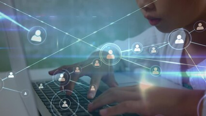 Animation of network of connections over asian schoolgirl using computer - Powered by Adobe