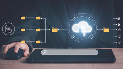 Document Management System(DMS) concept. Digital Cloud comput technology server storage file information business for database security and process automation to efficiently manage files fome laptop.