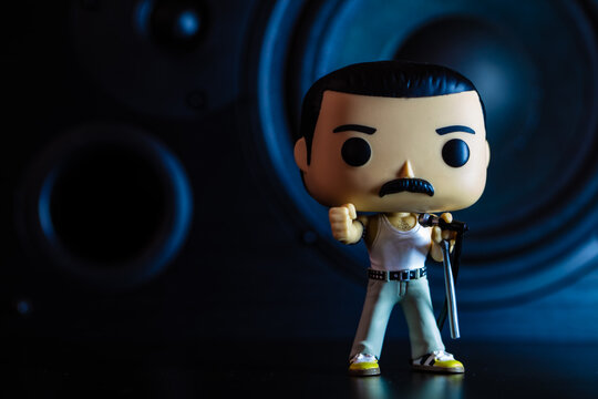 London, UK - July 27, 2022: Funko POPO vinyl figure of Freddie Mercury (Queen) on speakers background