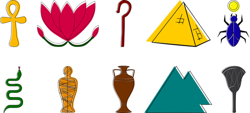 Egyptian icons set. Ankh, lotus, scepter, pyramid, scarab, snake, mummy, vase, Egyptian lotus
