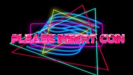 Animation of please insert coin text over shapes
